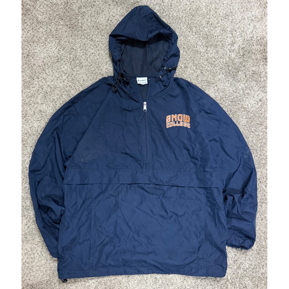 Champion Snow College Windbreaker Jacket Mens Medium Navy Blue Quarter Zip Hood